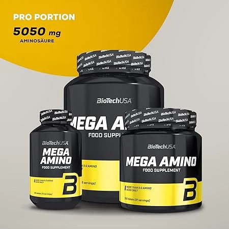 Drei Dosen BioTechUSA Mega Amino Nahrungsergänzungsmittel in verschiedenen Größen.