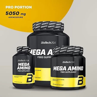 Drei Dosen BioTechUSA Mega Amino Nahrungsergänzungsmittel in verschiedenen Größen.
