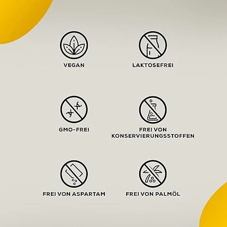 Infografik mit Symbolen für vegan, laktosefrei, GMO-frei, ohne Konservierungsstoffe, Aspartam und Palmöl.