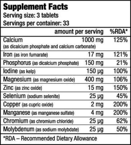 Nährwerttabelle mit Calcium, Magnesium, Zink & Eisen für Sportnahrung und Booster