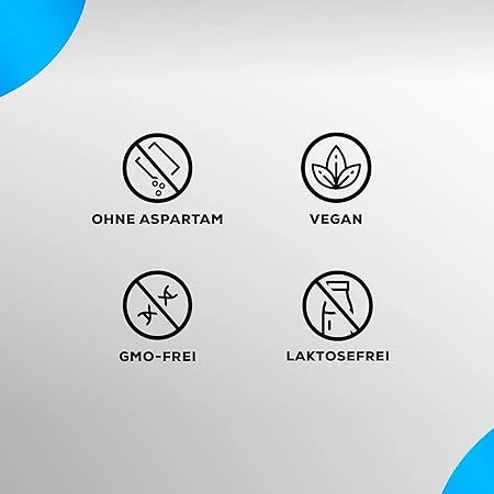 Vier Symbole für Nahrungsergänzungsmittel: Ohne Aspartam, Vegan, GMO-frei und Laktosefrei.