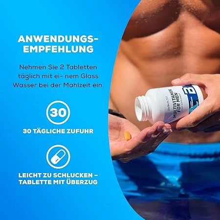 Multivitamin für Männer: Anwendungsempfehlung für Nahrungsergänzungsmittel mit Produktdose.