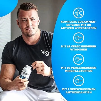 Muskulöser Mann hält eine Flasche Multivitamin für Männer mit Nährstoff-Infografik.
