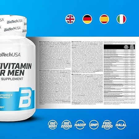BioTechUSA Multivitamin for Men Nahrungsergänzungsmittel Dose mit Nährwerttabelle