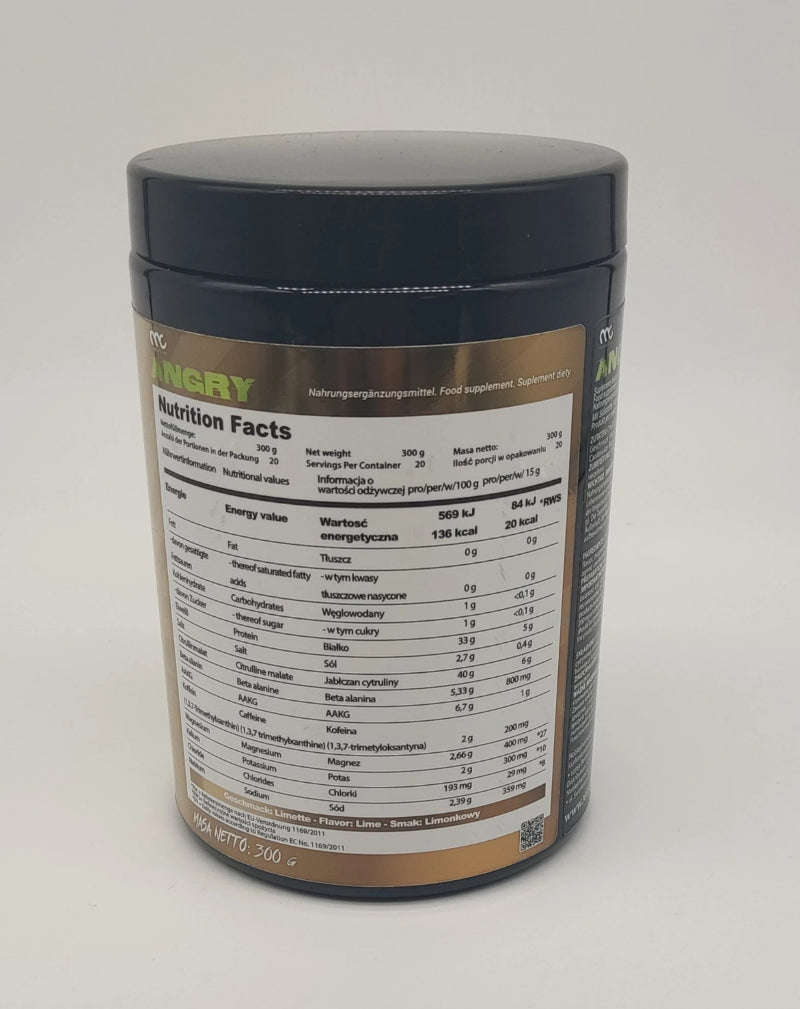 Muscle Clinic Angry Pre-Workout Booster 300g Dose mit Nährwerttabelle