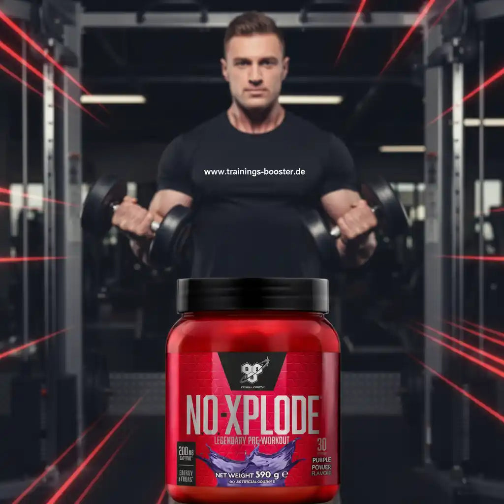 BSN Nutrition N.O. XPLODE 3.0 Pre Workout Booster 390g vor einem muskulösen Mann im Fitnessstudio