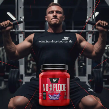 BSN Nutrition N.O. XPLODE Pre Workout Booster 650g vor einem muskulösen Mann im Fitnessstudio
