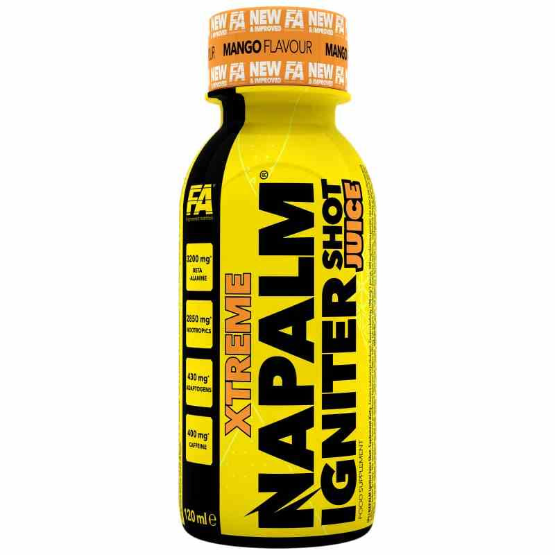 Napalm Xtreme Igniter Shot Juice in Mango Flavour, gelbe Flasche für Energie und Fokus