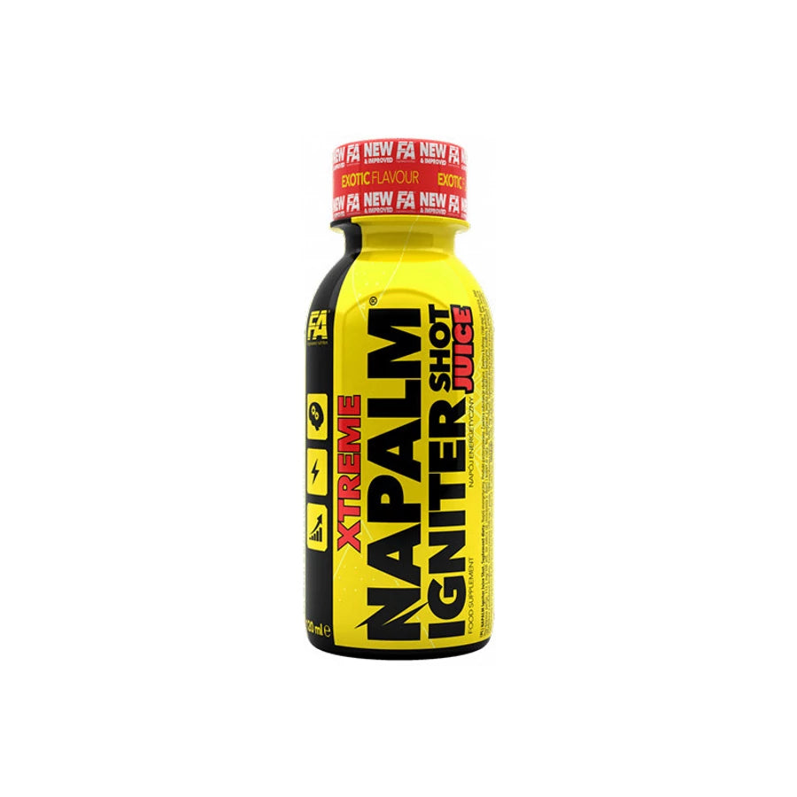 Gelbe Flasche Napalm Igniter Shot Juice Nahrungsergänzungsmittel auf weißem Hintergrund