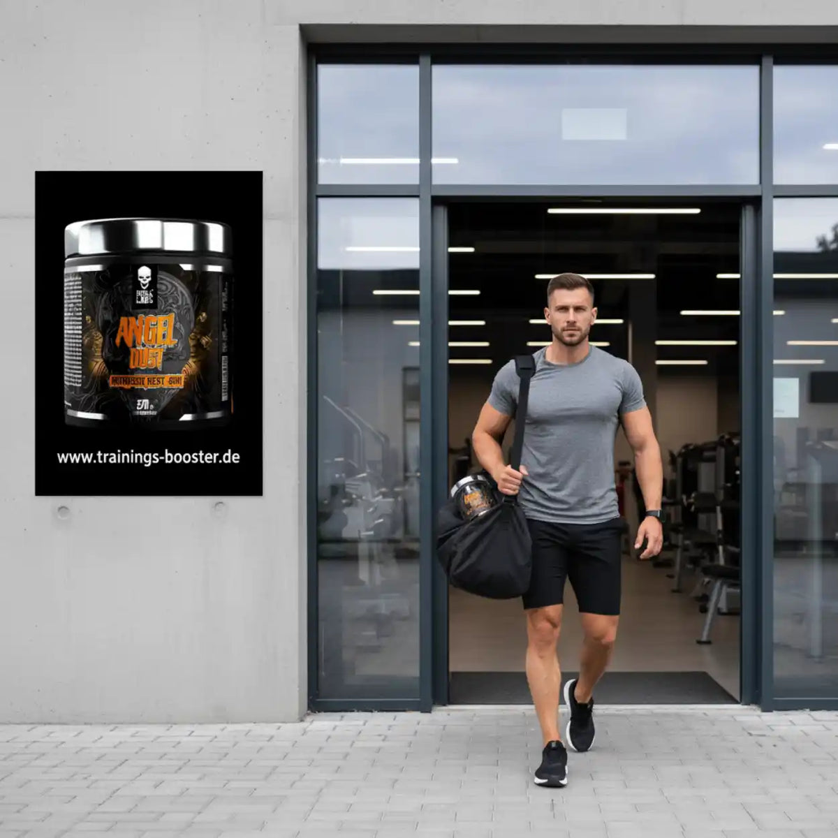 Sportlicher Mann verlässt Fitnessstudio, Supplement-Poster mit Booster Produkt an der Wand