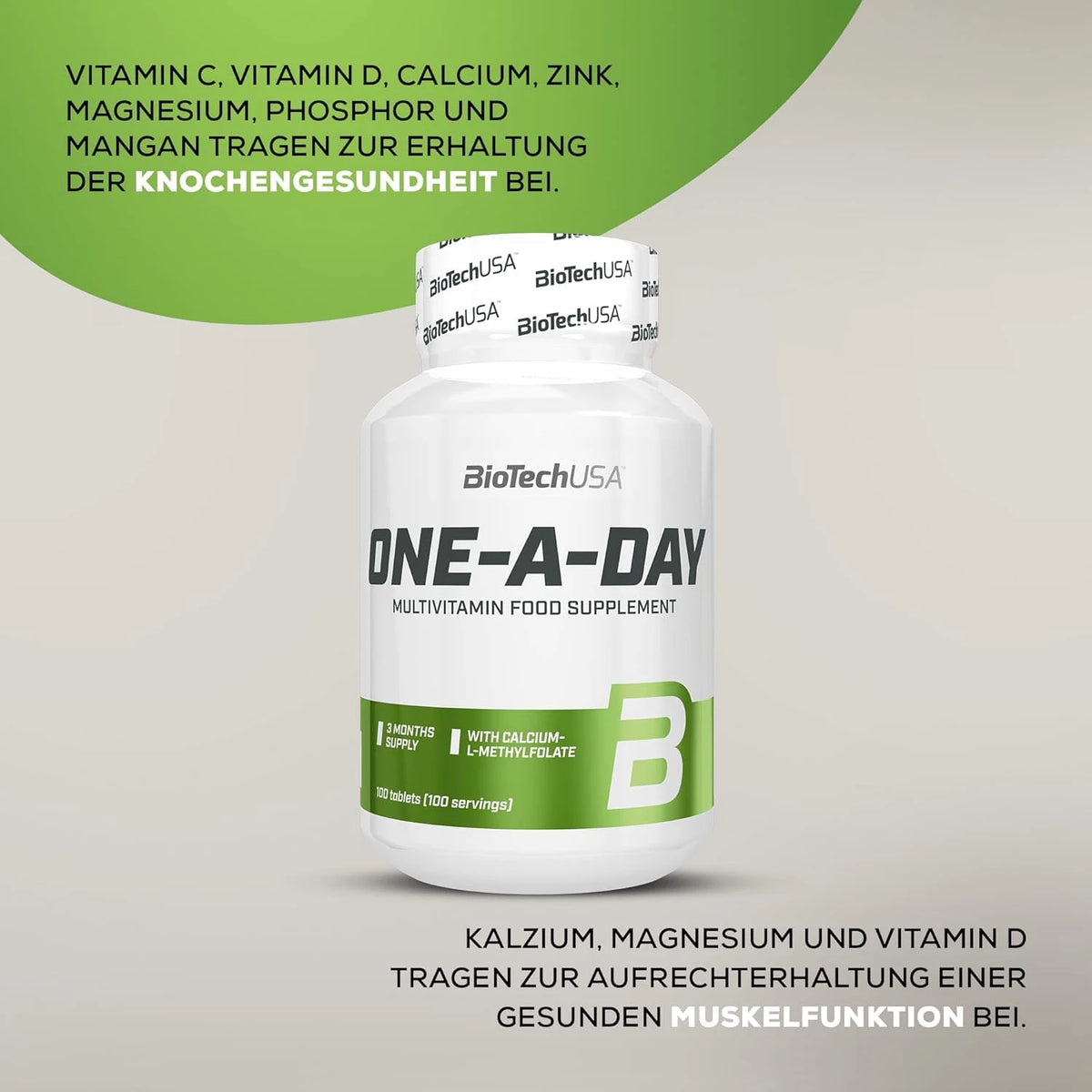 BioTechUSA One-A-Day Multivitamin Nahrungsergänzungsmittel Dose auf grauem Hintergrund