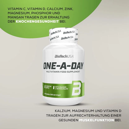 BioTechUSA One-A-Day Multivitamin Nahrungsergänzungsmittel Dose auf grauem Hintergrund