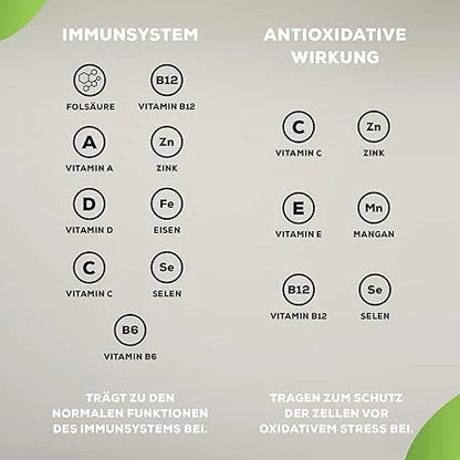 Infografik zu Vitaminen und Mineralstoffen für Immunsystem und antioxidative Wirkung.