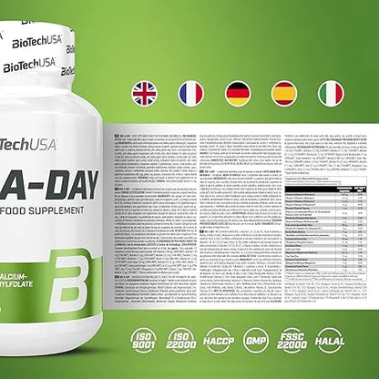 BioTechUSA A-Day Nahrungsergänzungsmittel Dose mit Zutatenliste und Zertifizierungen