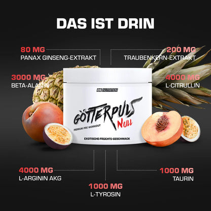 OS Nutrition Götterpuls NULL Pre Workout Booster mit Inhaltsstoffen und exotischen Früchten.