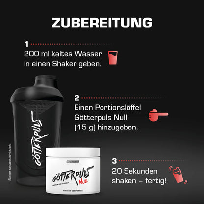 Zubereitungsanleitung für OS Nutrition Götterpuls NULL Pre Workout Booster mit Shaker und Dose.