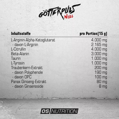 Nährwerttabelle und Inhaltsstoffe des OS Nutrition Götterpuls NULL Pre Workout Boosters.