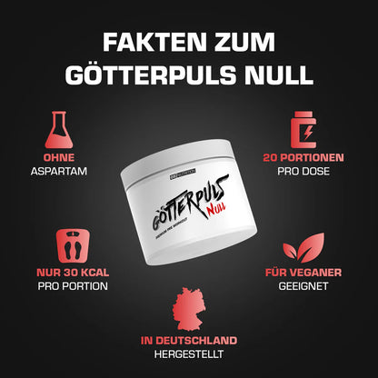 OS Nutrition Götterpuls NULL Pre Workout Booster mit Vorteilen wie vegan und ohne Aspartam.