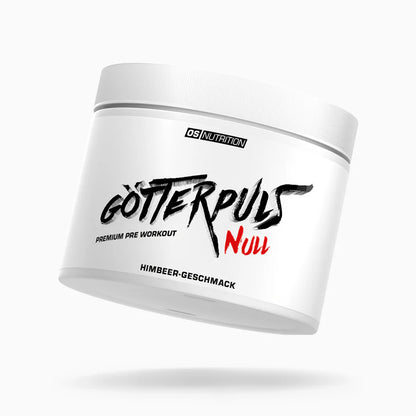 OS Nutrition Götterpuls NULL Pre Workout Booster in Himbeer-Geschmack, weiße Dose.