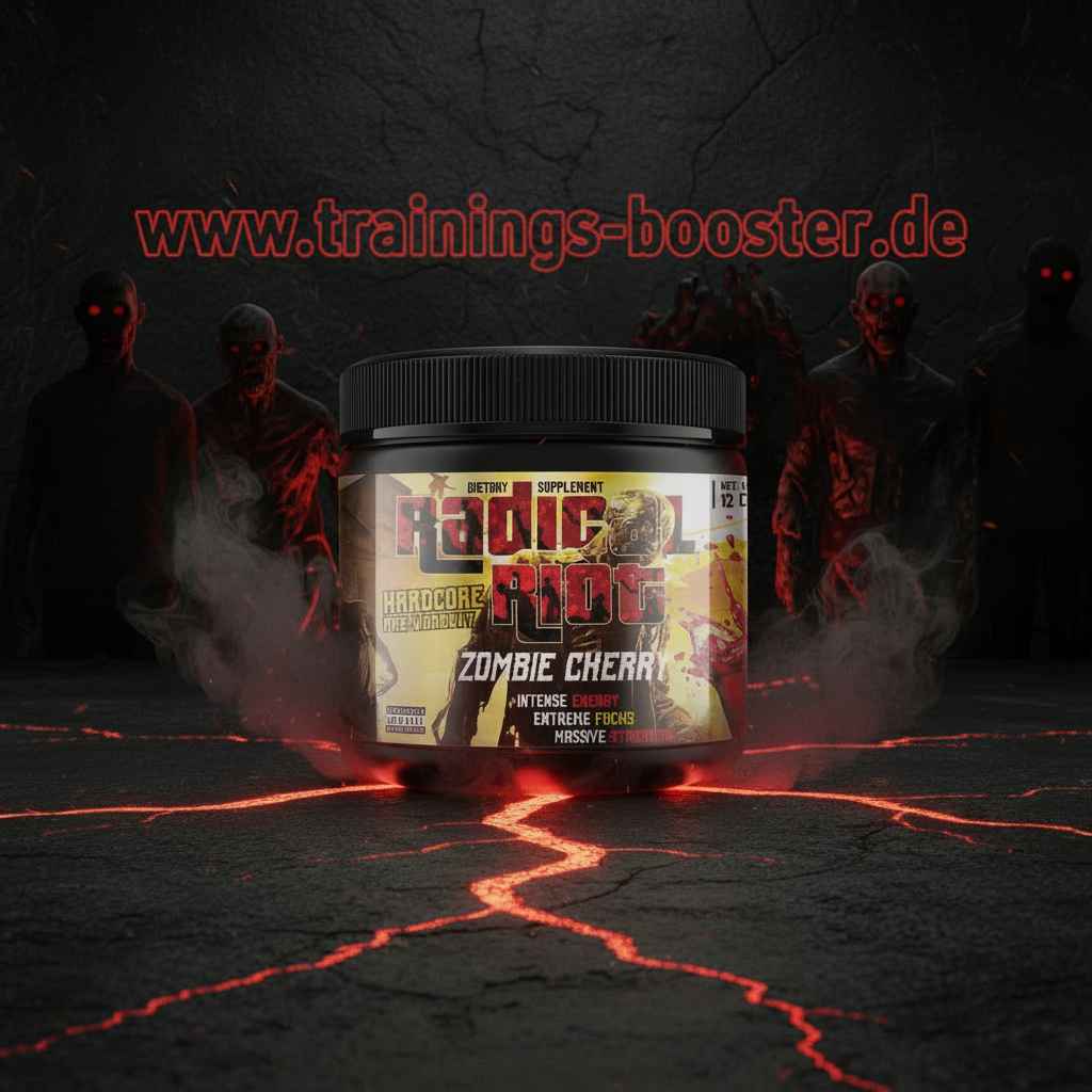 Radical Pre-Workout Booster im Zombie Cherry Geschmack vor düsterem Hintergrund mit Zombies
