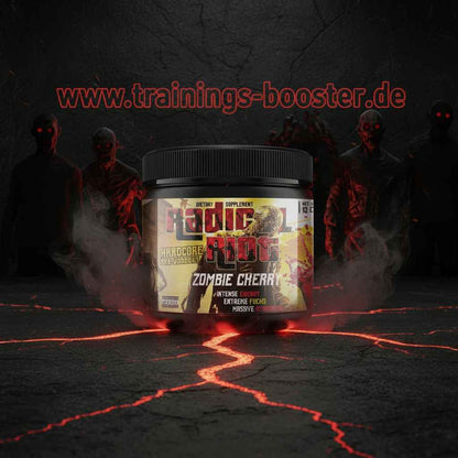 Radical Pre-Workout Booster im Zombie Cherry Geschmack vor düsterem Hintergrund mit Zombies