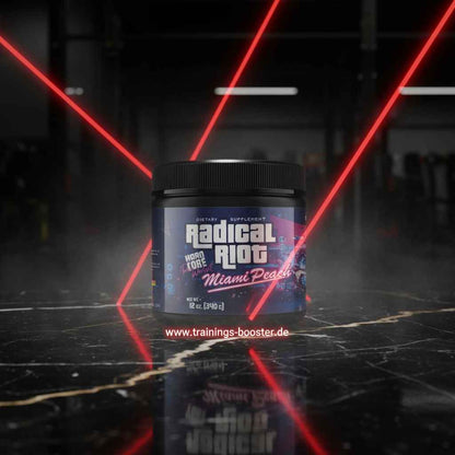 Radical Riot Pre-Workout Supplement Miami Peach Geschmack in schwarzer Dose