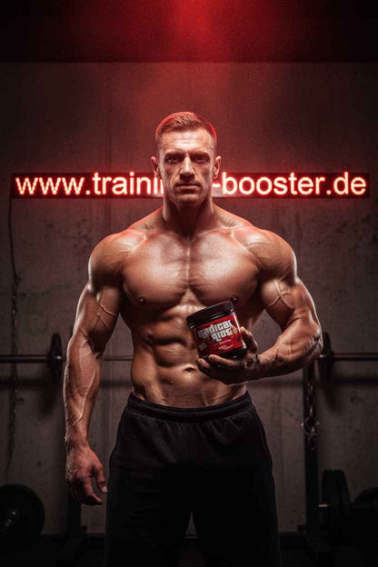 Muskulöser Mann hält eine Dose Radical Riot Trainings-Booster im Fitnessstudio.