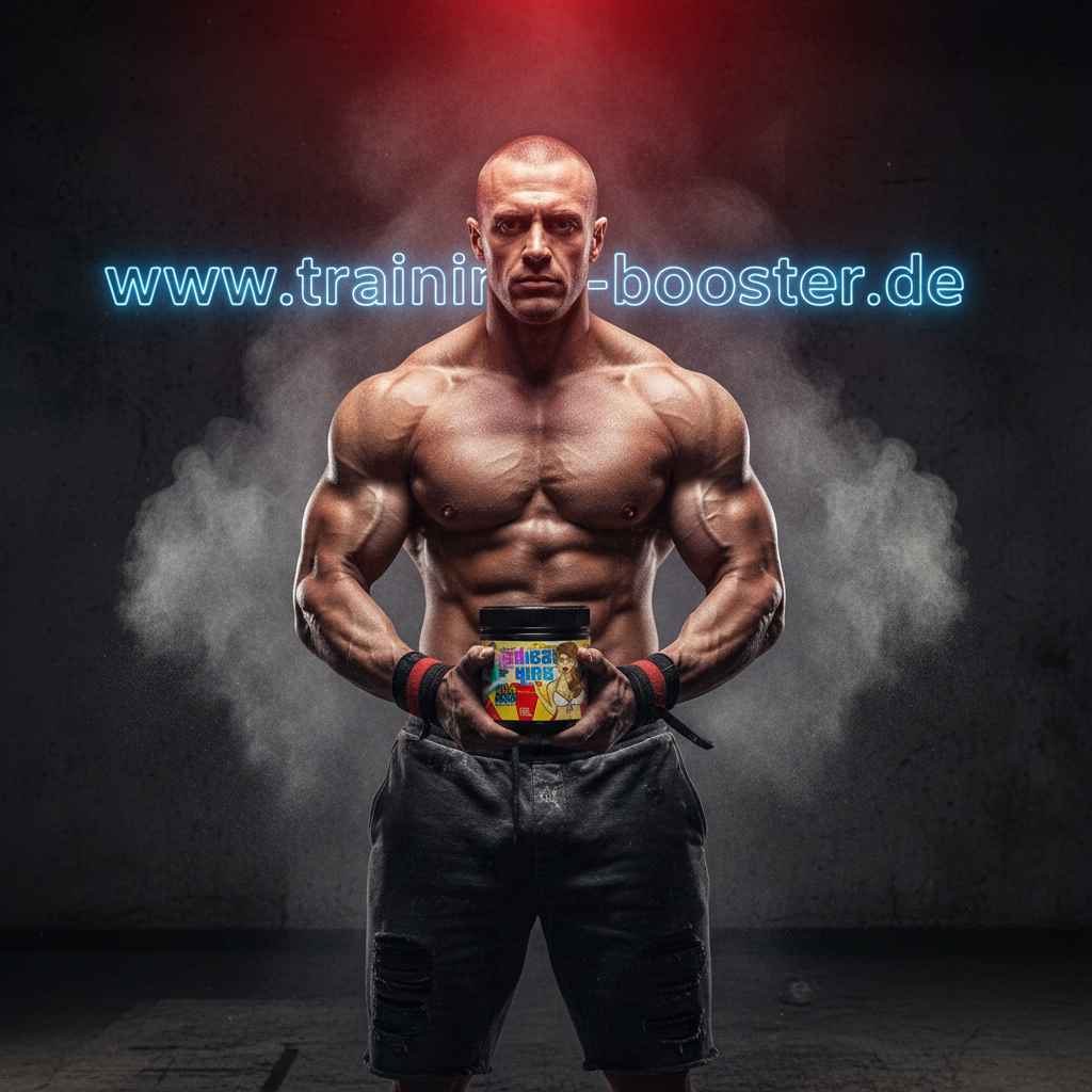 Muskulöser Bodybuilder hält eine Dose Sportnahrung vor dunklem Hintergrund mit Lichteffekt.