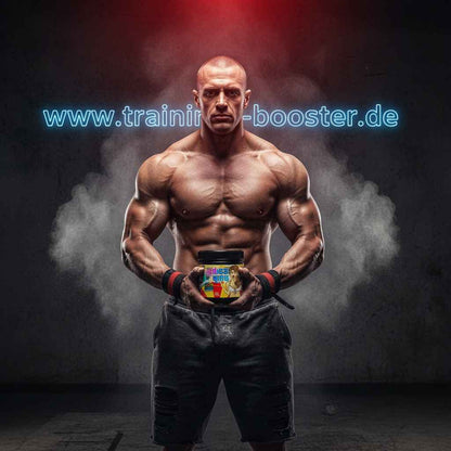 Muskulöser Bodybuilder hält eine Dose Sportnahrung vor dunklem Hintergrund mit Lichteffekt.