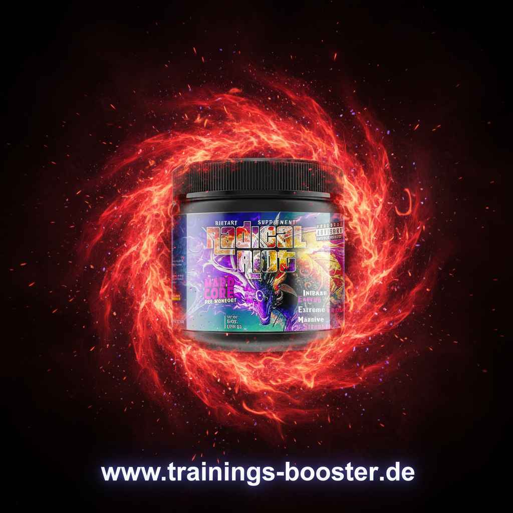 Radical Pre-Workout Nahrungsergänzungsmittel in einer roten Energie-Wirbel-Optik