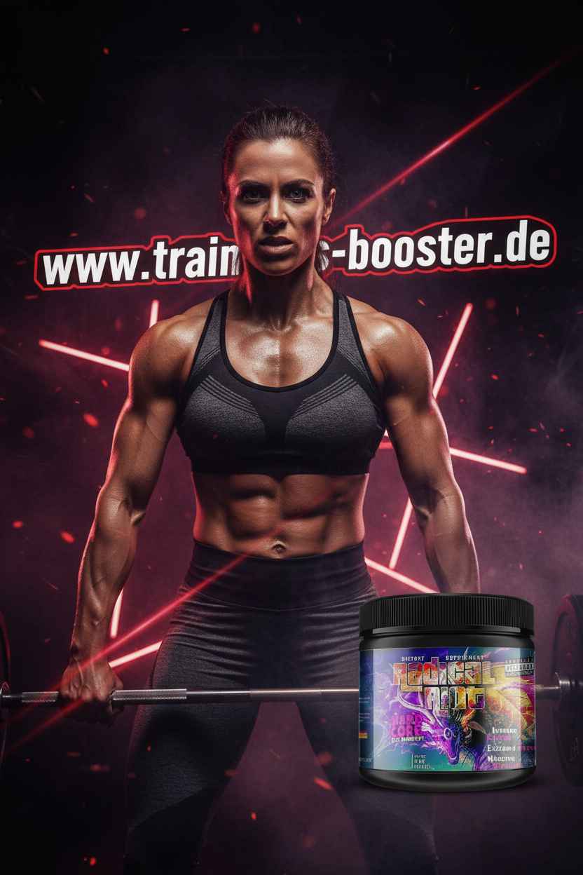 Muskulöse Frau beim Krafttraining mit Radical Pre-Workout Supplement Produkt.