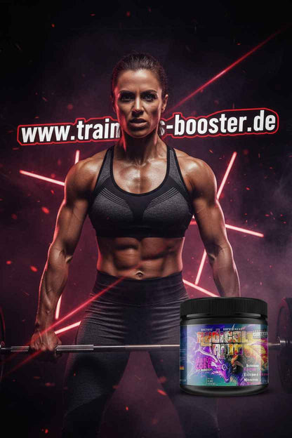 Muskulöse Frau beim Krafttraining mit Radical Pre-Workout Supplement Produkt.