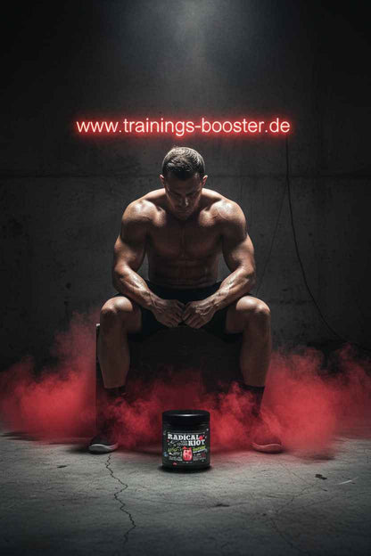Muskulöser Mann sitzt über einem Dose Radical Riot Trainings-Booster in dramatischem rotem Licht.
