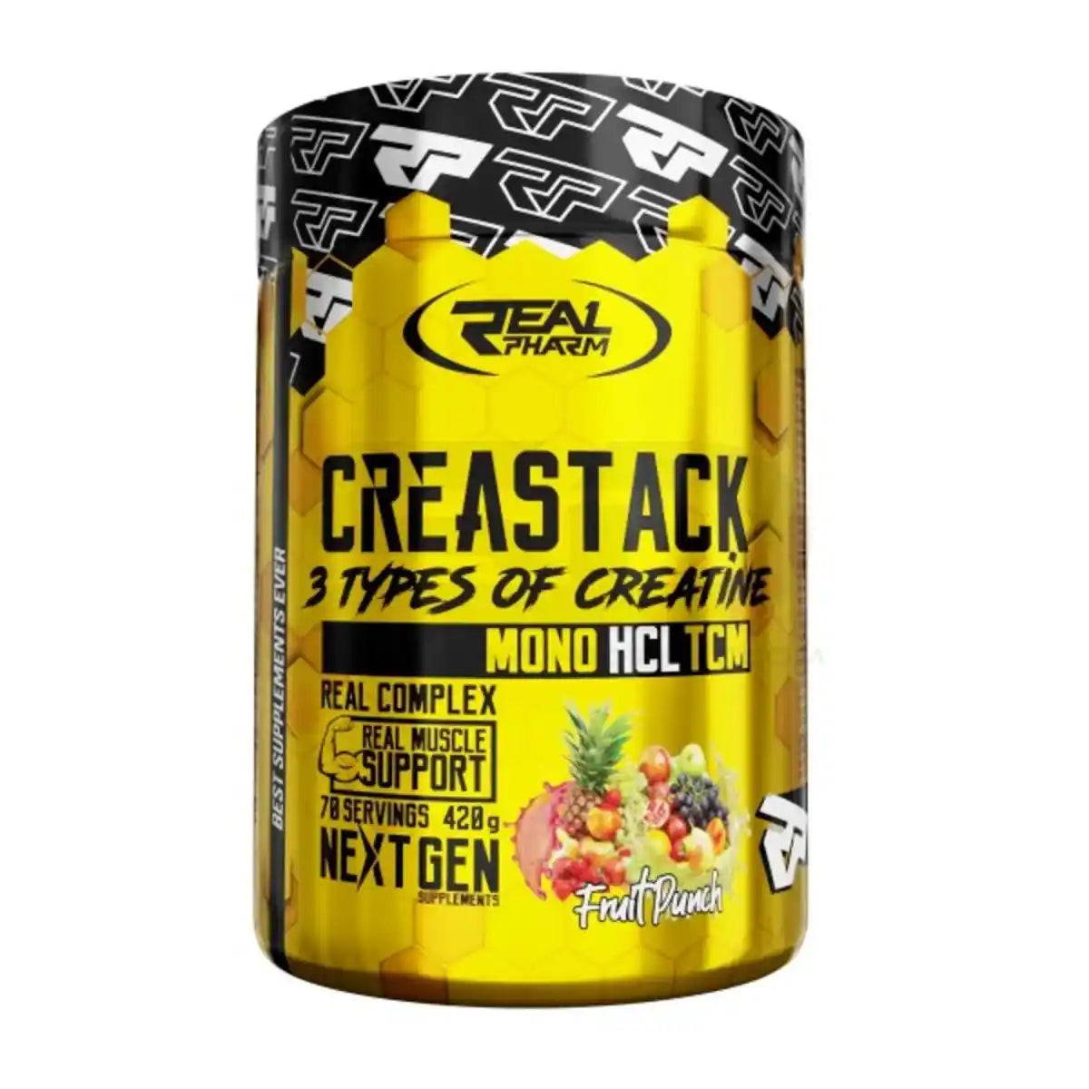 Real Pharm CREA STACK Creatin Pulver, gelbe Dose, Fruit Punch Geschmack, 420g, Sportnahrung