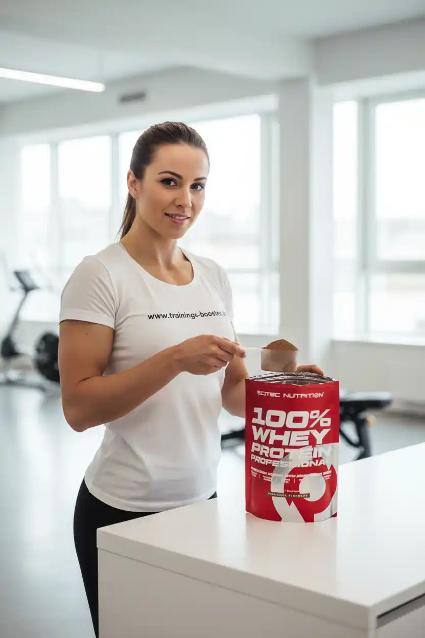 Sportliche Frau hält einen Messlöffel Whey Protein Pulver in einem Fitnessstudio.