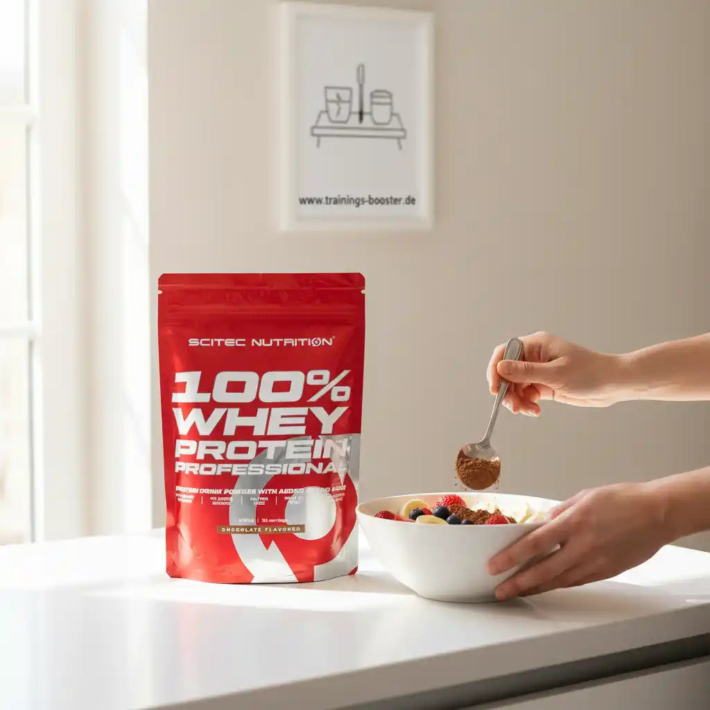 Scitec Nutrition 100% Whey Protein Professional Schokolade wird in eine Obstschale gegeben.