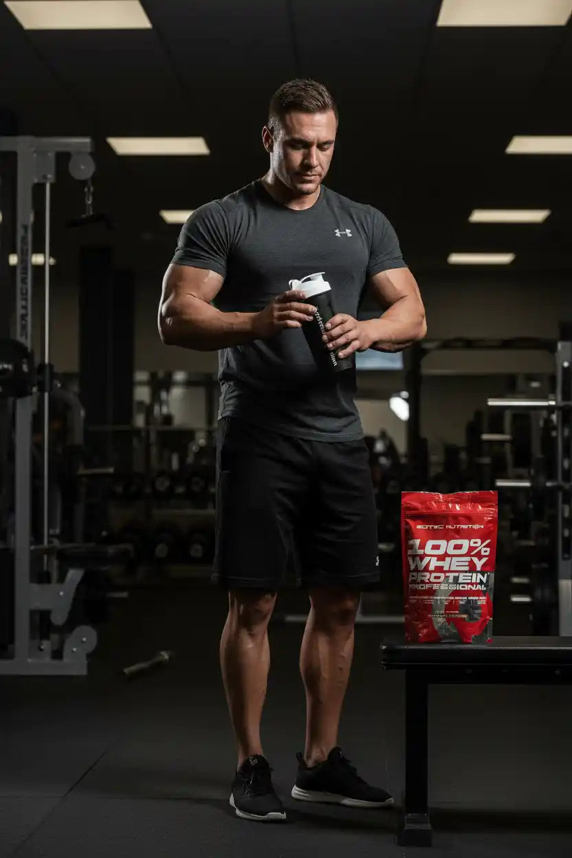 Muskulöser Mann im Fitnessstudio trinkt aus einem Shaker neben einer Packung Whey Protein.