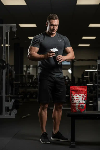 Muskulöser Mann im Fitnessstudio trinkt aus einem Shaker neben einer Packung Whey Protein.