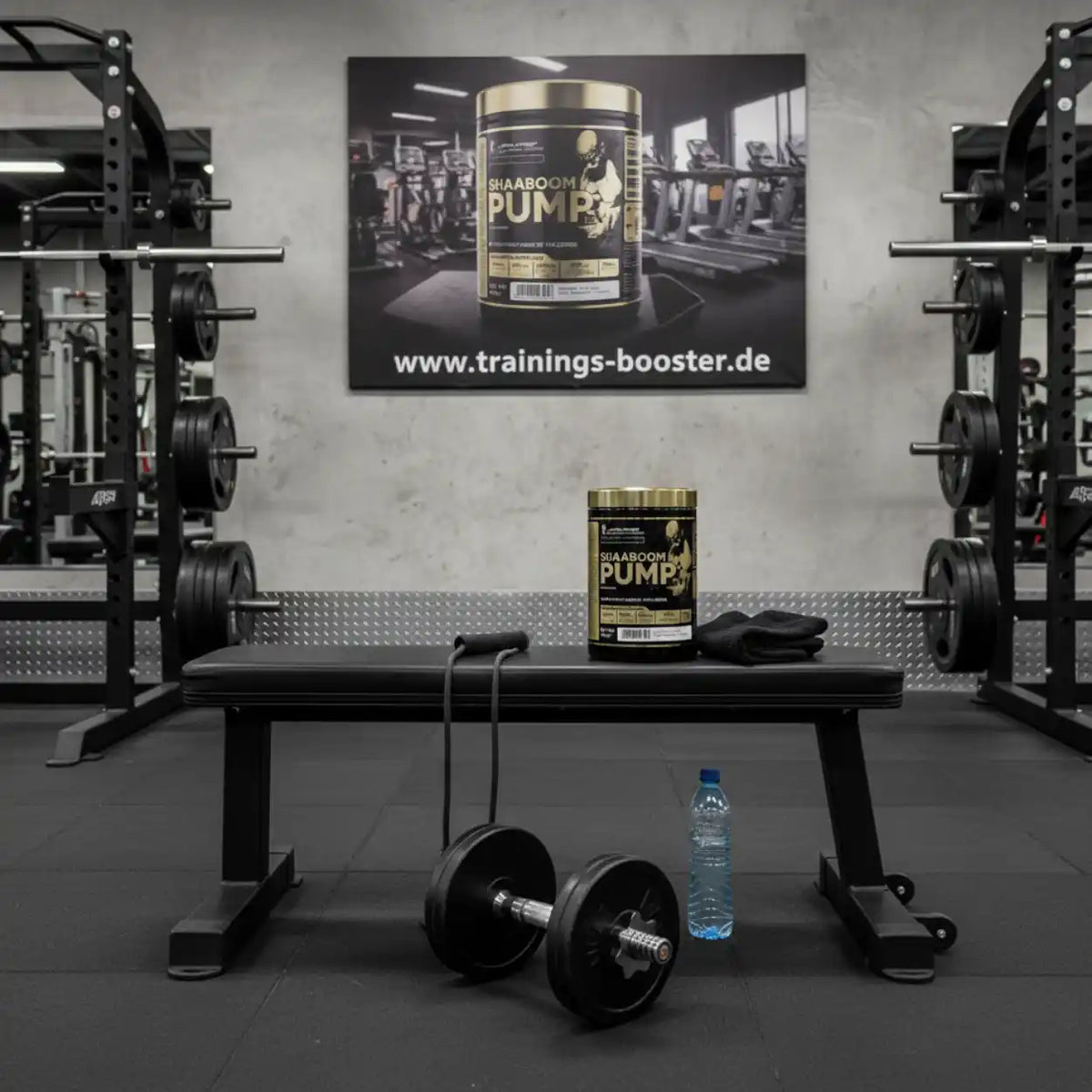 SHAABOOM PUMP Booster auf Bank im Fitnessstudio mit Hanteln und Wasserflasche