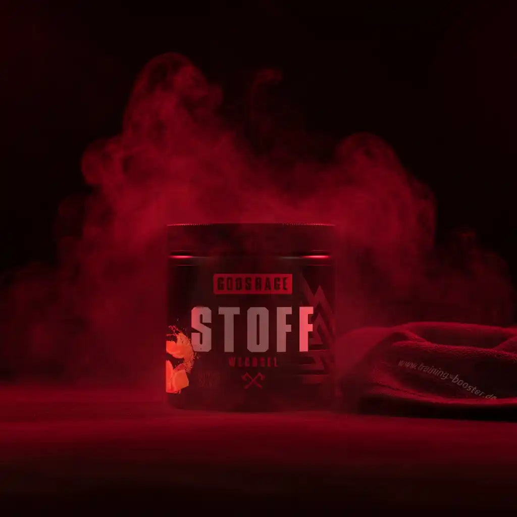Godsrage Stoff Wechsel Dose mit Nahrungsergänzungsmittel vor rotem Nebel