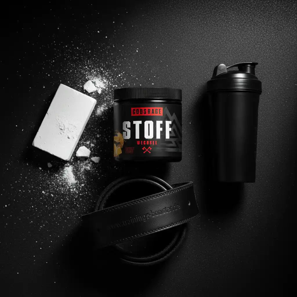 Goodsrage Stoff Wechsel Nahrungsergänzungsmittel Dose mit Shaker und Trainingsgürtel auf schwarzem Grund