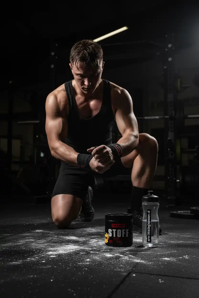 Muskulöser Sportler im Fitnessstudio mit Nahrungsergänzungsmitteln und Shaker.