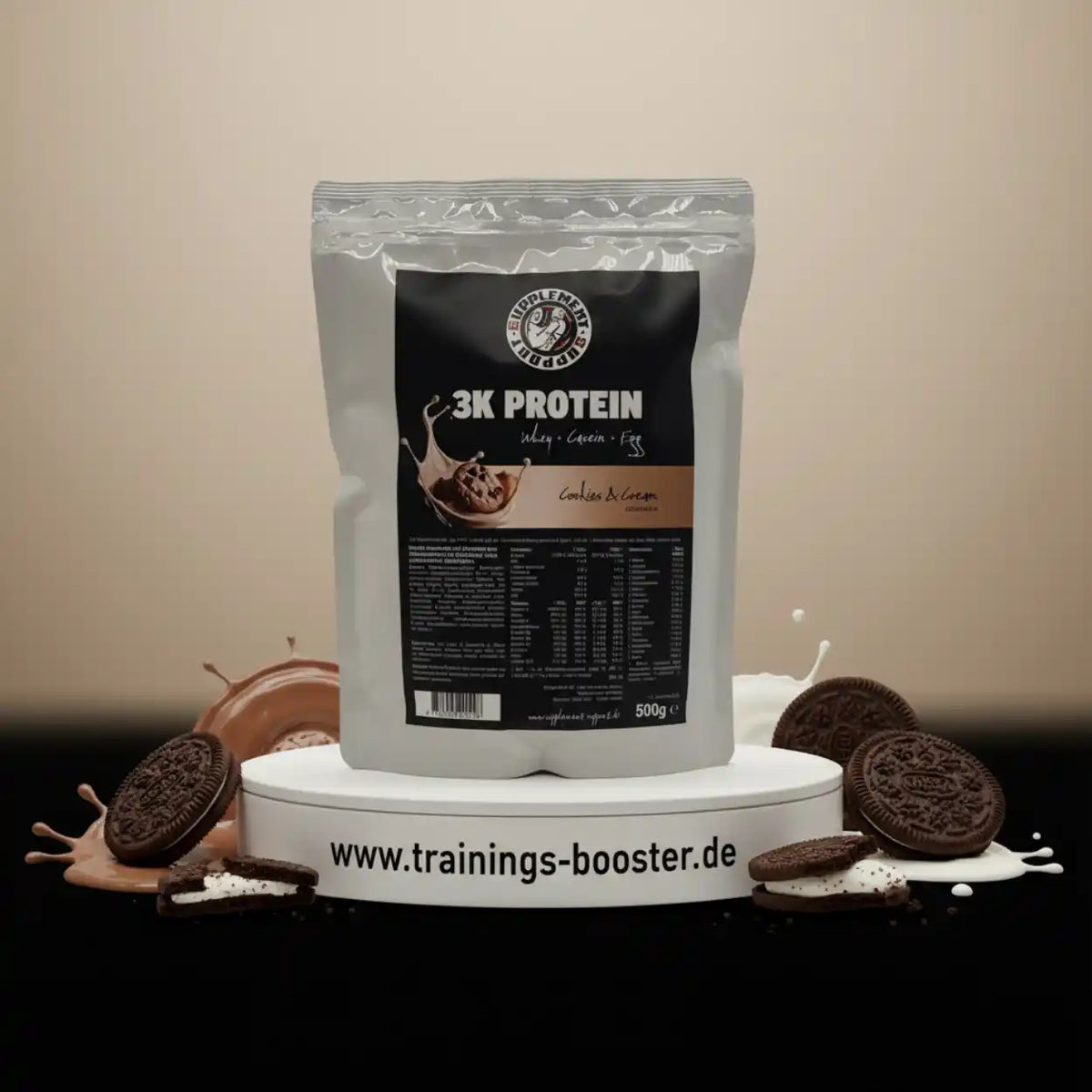 Supplement Support 3K Protein 500g in Cookies & Cream mit Keksen und Milchspritzern.
