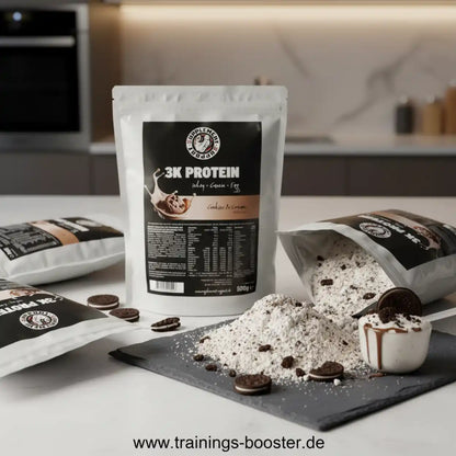 Supplement Support 3 Komponenten Protein 500g Cookies & Cream mit Proteinpulver und Keksen