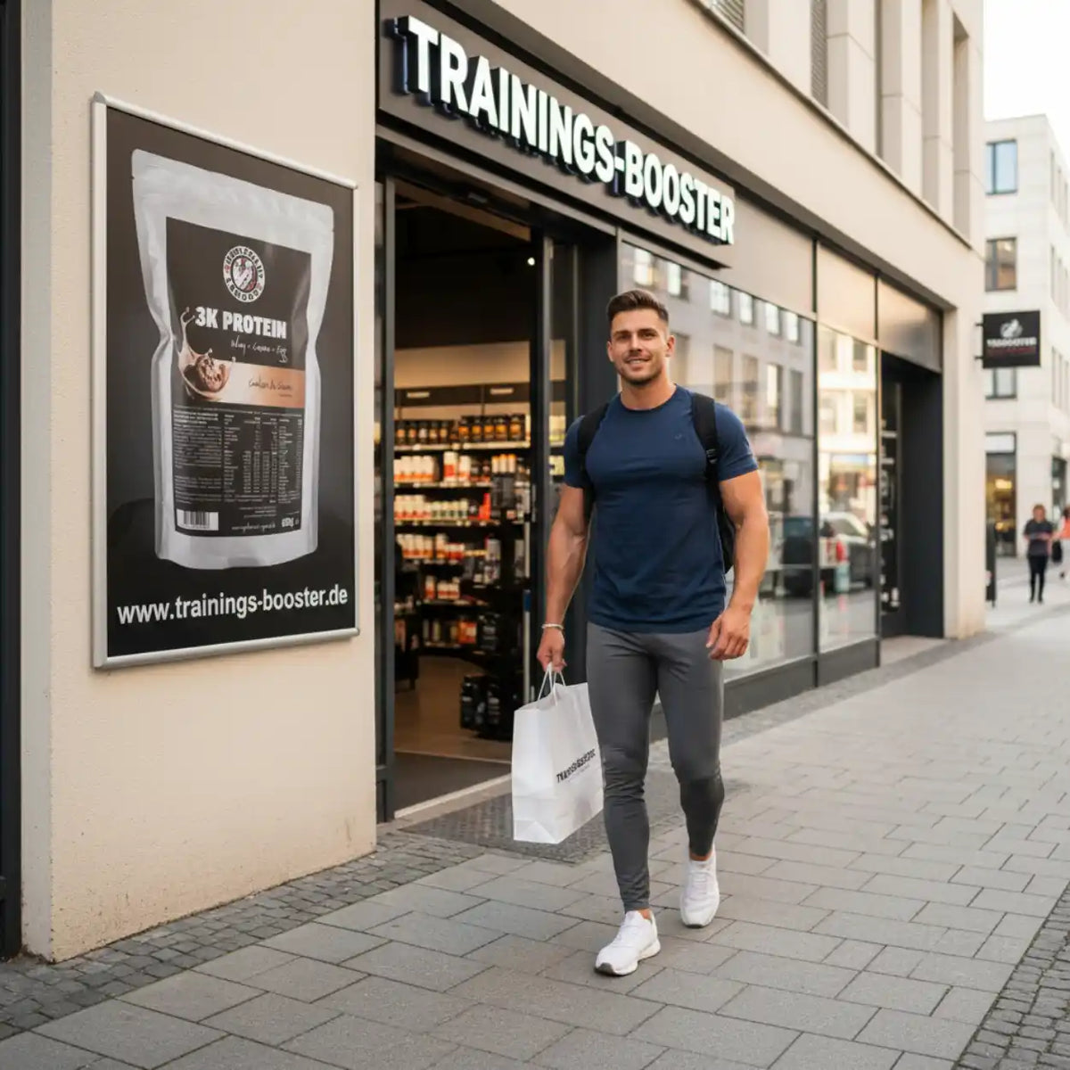 Muskulöser Mann mit Einkaufstüte vor einem Trainings-Booster Shop und Plakat für Supplement Support Protein.