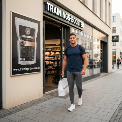 Muskulöser Mann mit Einkaufstüte vor einem Trainings-Booster Shop und Plakat für Supplement Support Protein.