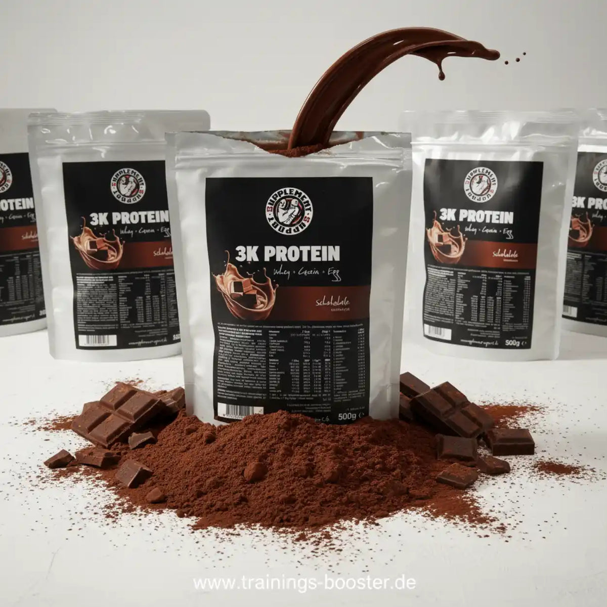 Supplement Support 3K Protein 500g Schokoladen-Proteinpulver mit Schokoladenstücken und Schokoguss