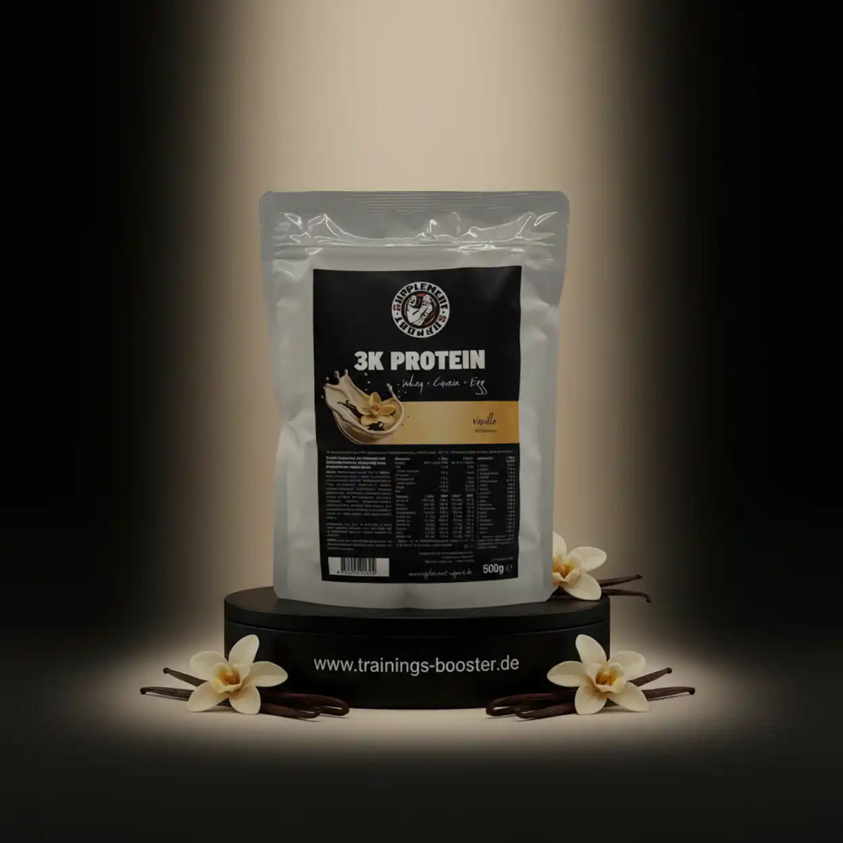 Supplement Support 3K Protein 500g in Vanille mit Vanilleschoten und Blüten