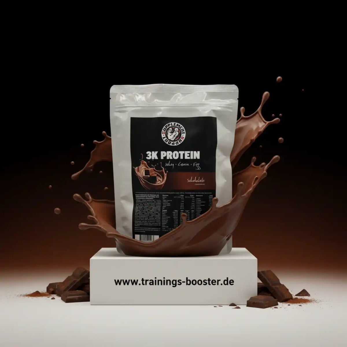Supplement Support 3K Protein Schokolade Packung mit Schokoladenspritzern und Stückchen