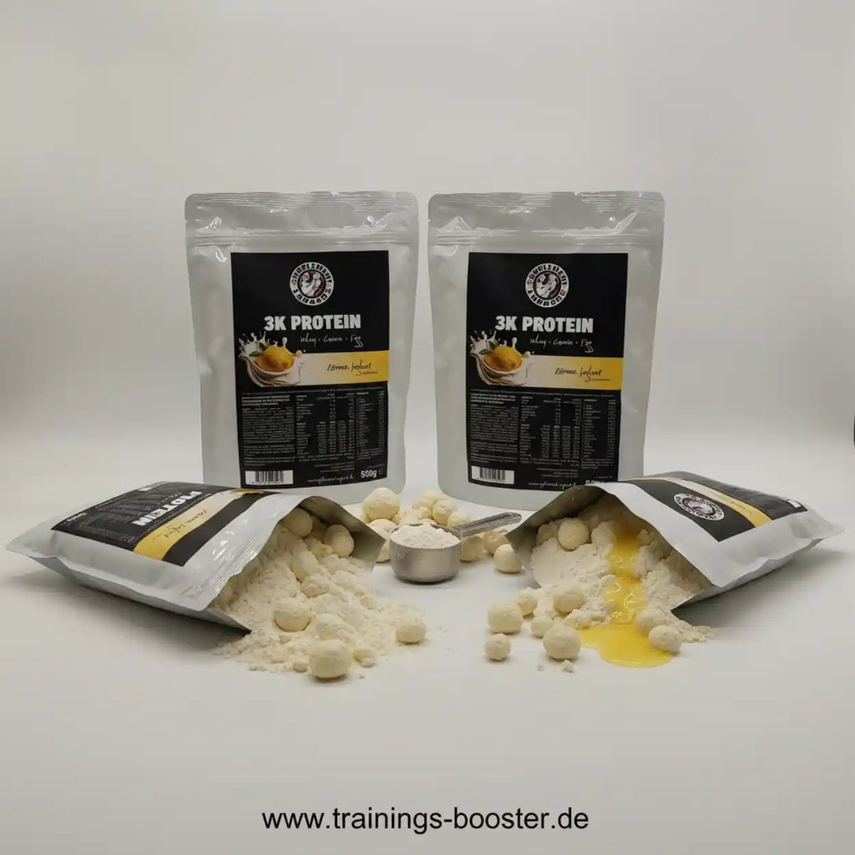 Supplement Support 3 Komponenten Protein Pulver in Beuteln mit Messlöffel und Proteinkügelchen